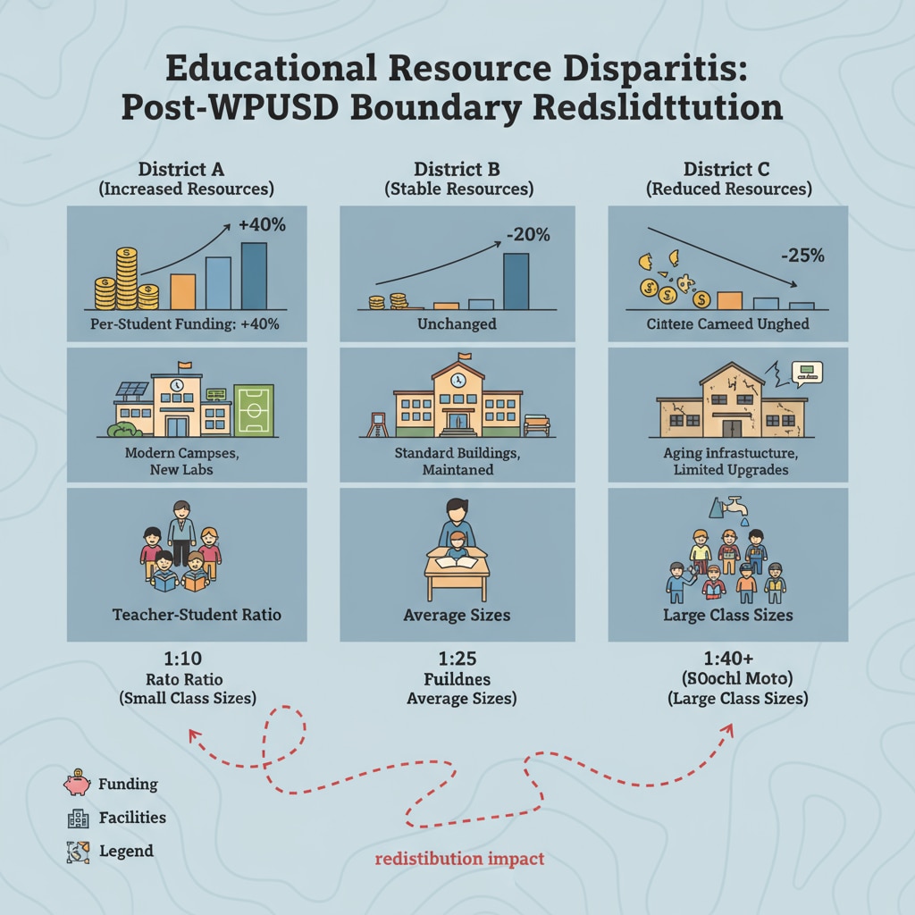 A graph presenting the differences in educational resources such as funding, facilities, and teacher-student ratios among various school districts affected by the WPUSD boundary redistribution. Graph depicting educational resource disparity due to WPUSD boundary redistribution