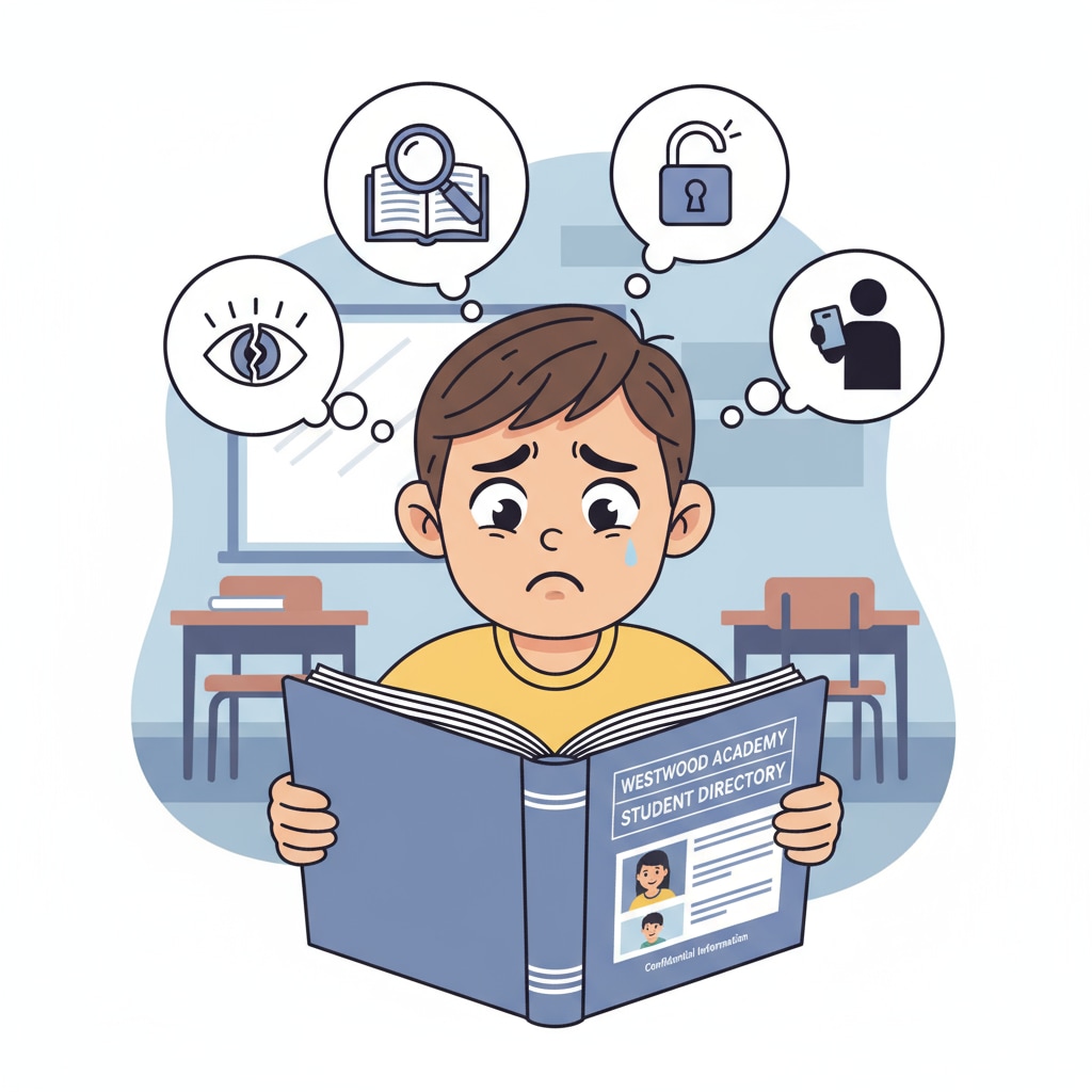 A child looking worried while holding a school directory, highlighting the potential emotional impact of privacy breaches in school directories. A worried child with a school directory, representing school directory, divorced families, privacy issues