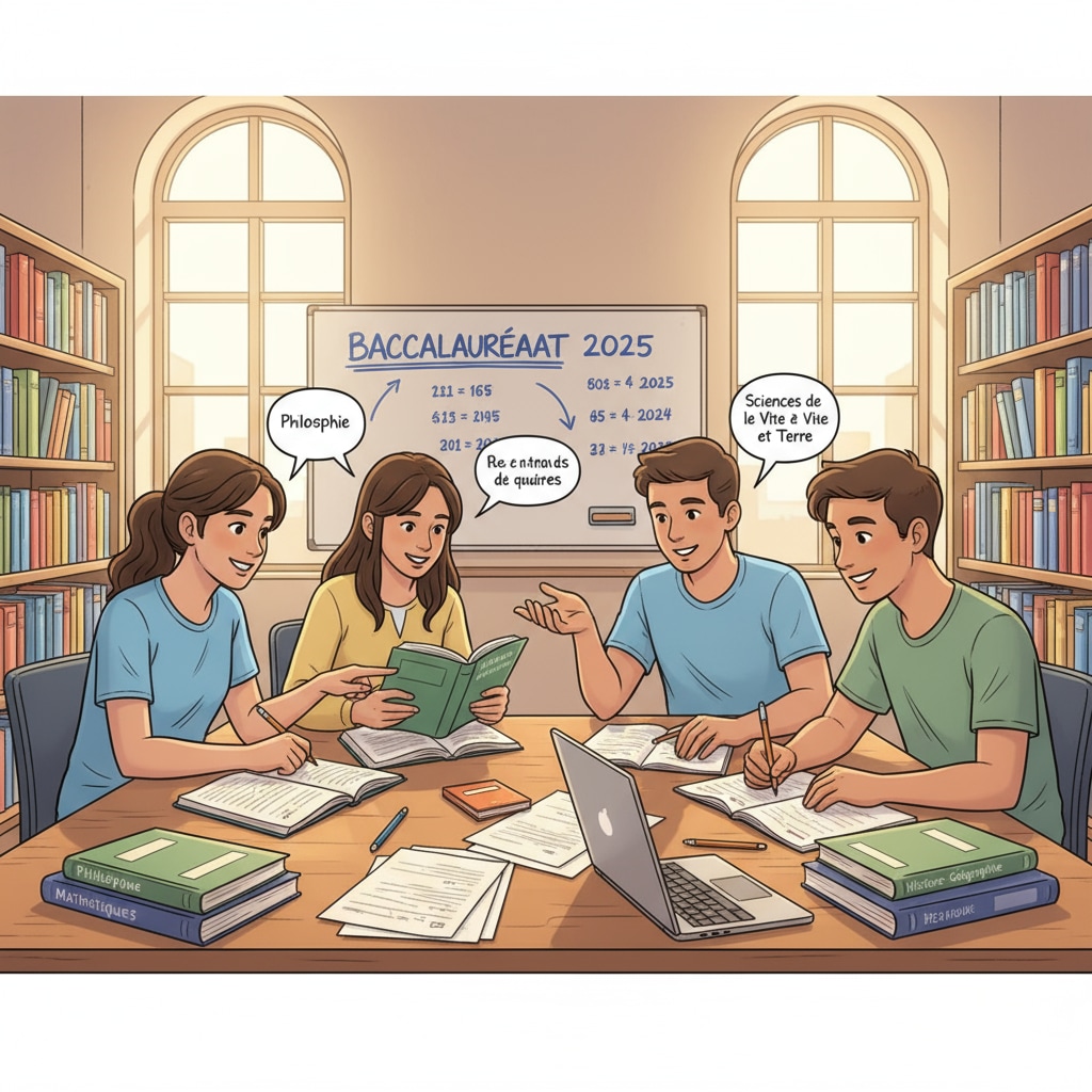 High school students are seen studying together in a library, with books and notebooks spread out. They are engaged in discussions and focused on their studies, which is an important part of baccalauréat preparation. High school students studying in a library for baccalauréat preparation