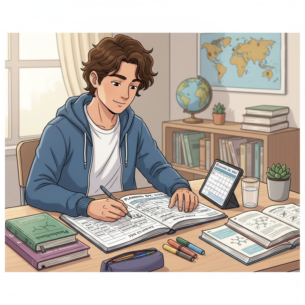 A student is sitting at a desk, using a planner to write down study schedules for different baccalauréat subjects. This shows effective time management in action. Student using a planner for baccalauréat study time management