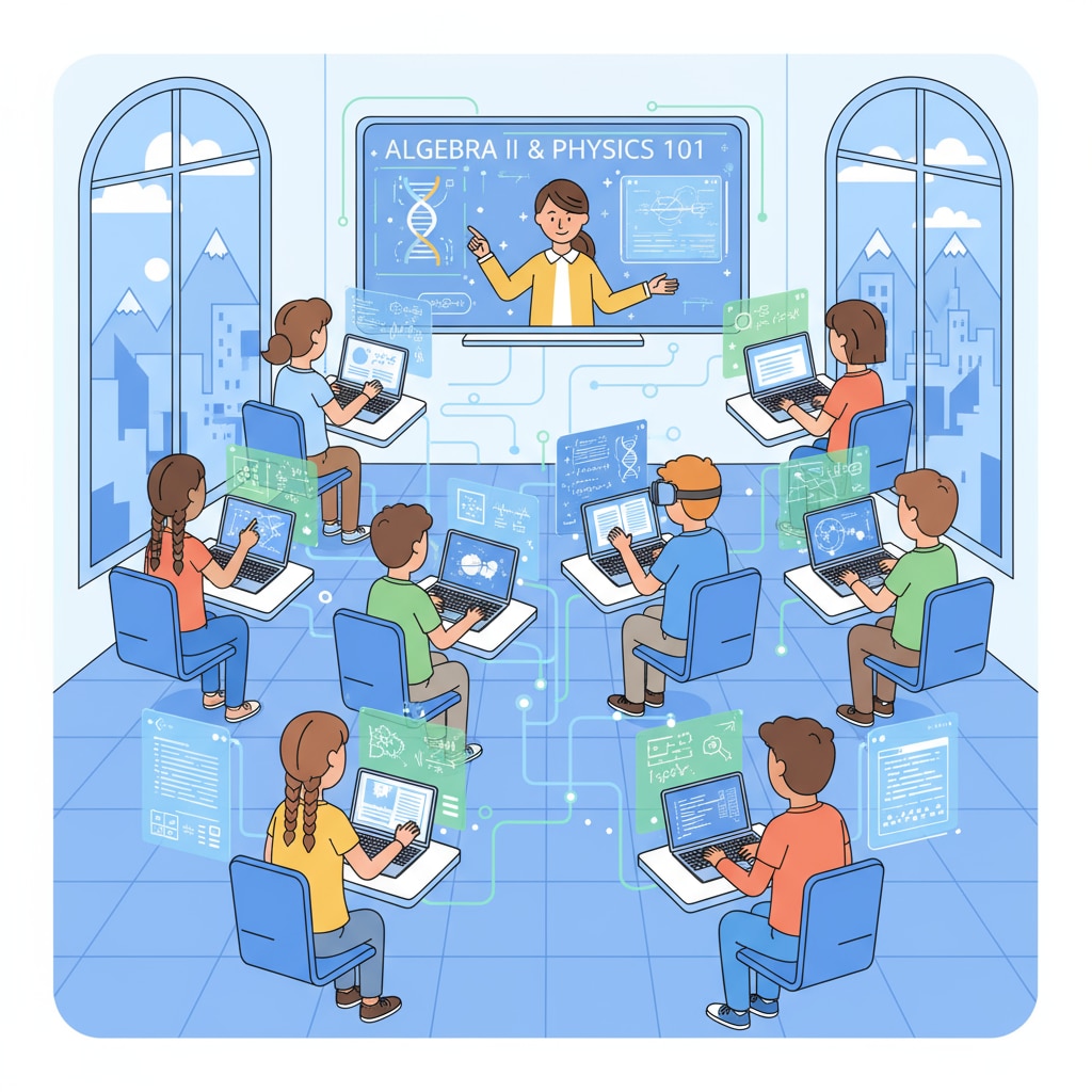 A group of students of different ages sitting in an online virtual classroom, engaged in learning activities related to high school education Students in an online high school classroom for diplomas, GED, and high school education