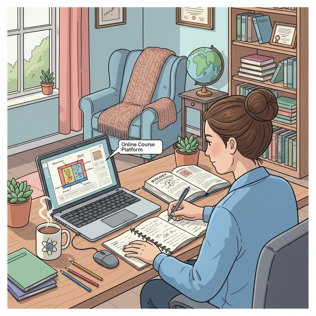 A person studying high school courses on a laptop in a cozy home office Person studying high school courses online for diplomas, GED, and high school education