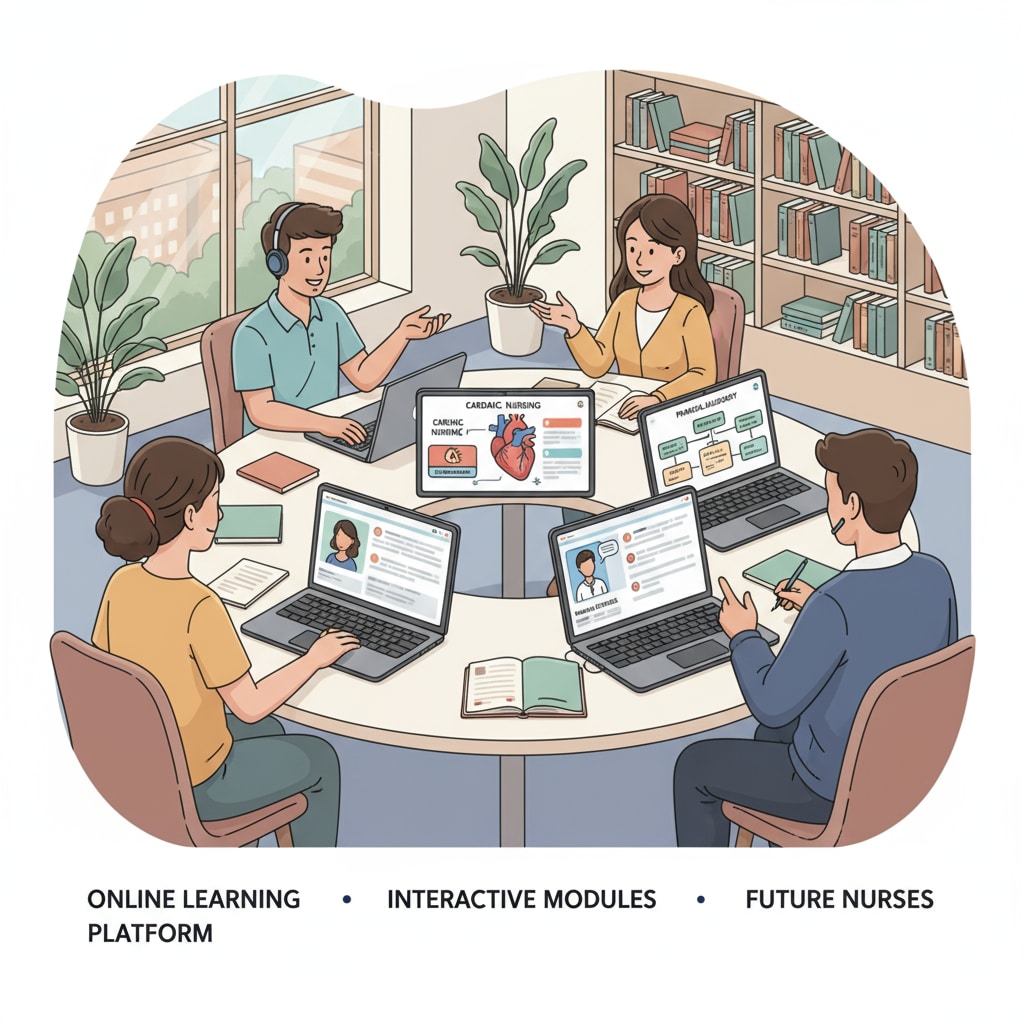 A group of students are sitting in front of their laptops, engaged in studying nursing courses. The screens display various nursing topics and interactive elements, representing the modern online learning environment for nursing students. Online nursing students studying on laptops, related to online universities, ACT/SAT-free nursing education
