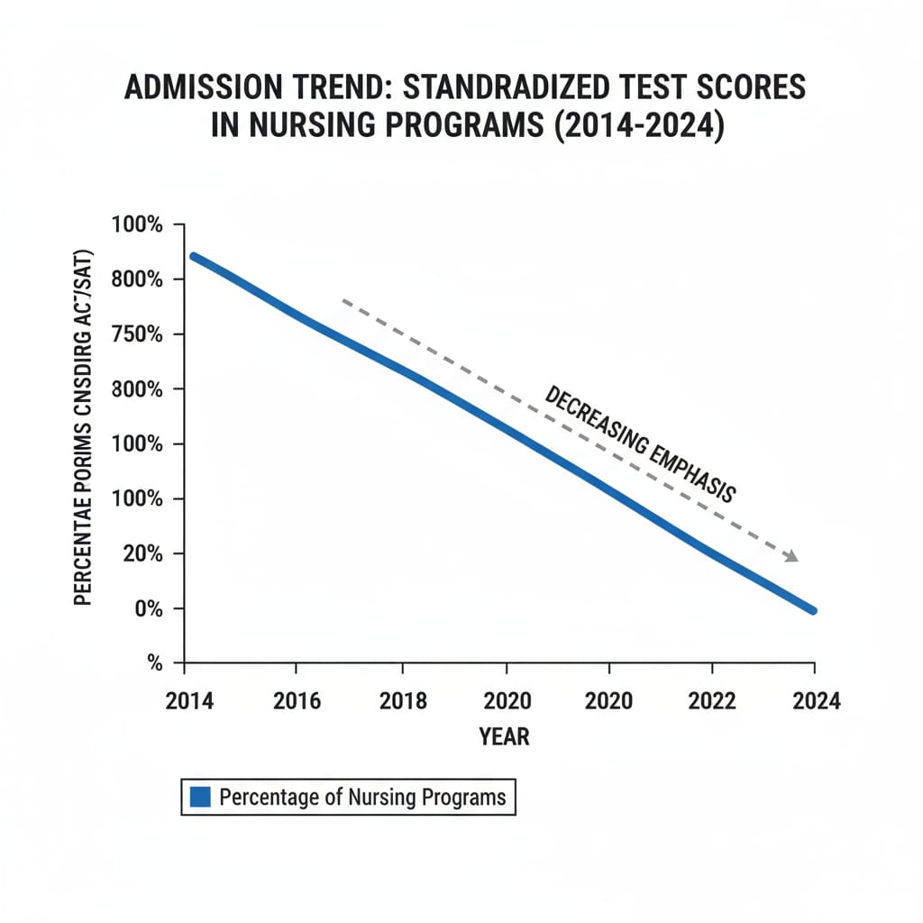 A line graph shows the percentage of nursing programs considering standardized test scores over a period of 10 years. The line is gradually decreasing, indicating the decreasing importance of ACT/SAT scores in nursing program admissions. Graph showing the decline of standardized test scores' importance in nursing admissions, relevant to online nursing degrees without ACT/SAT