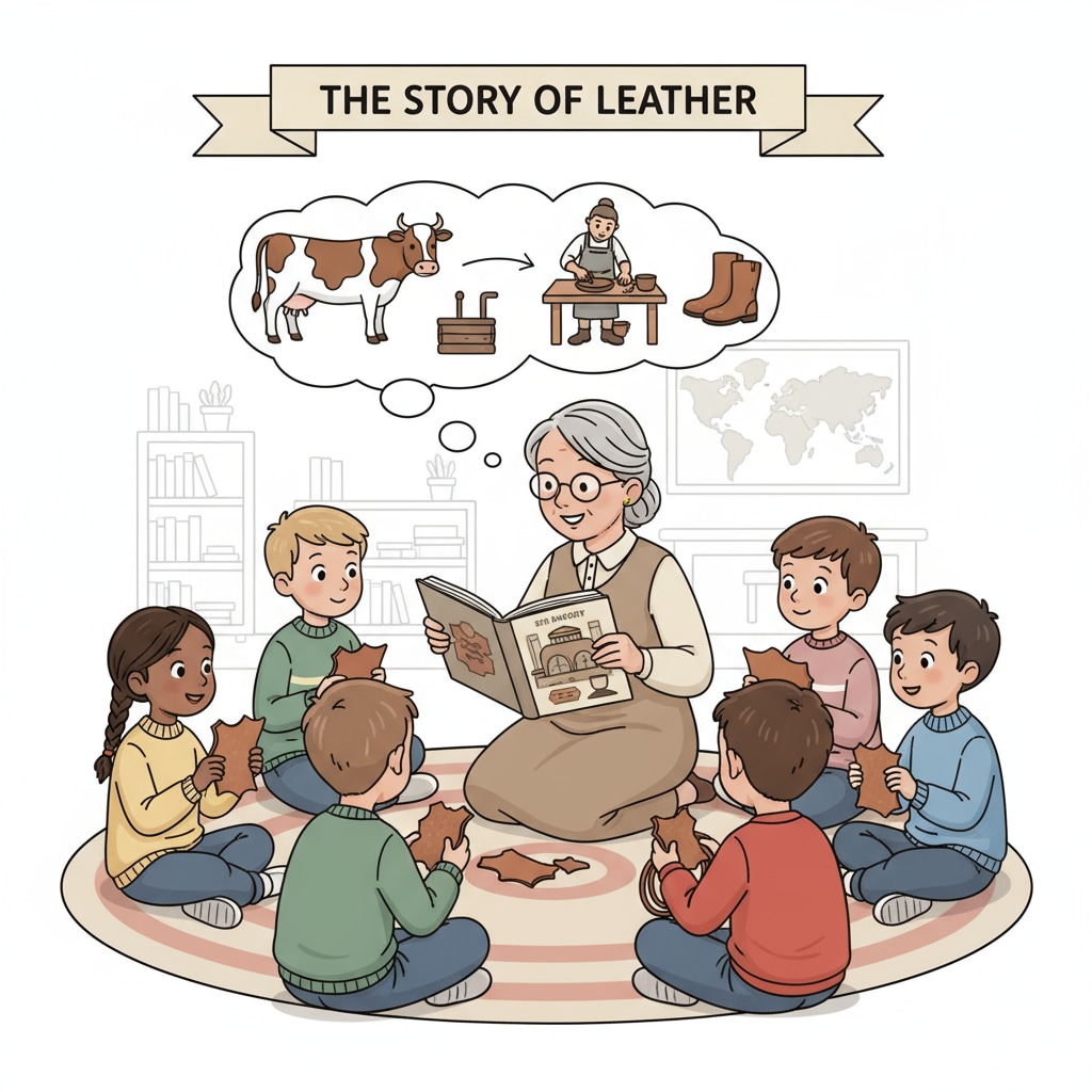 A group of children are sitting around a storyteller, listening intently to a tale about leather. They are each holding small pieces of leather, their eyes full of curiosity. Children listening to a leather-related fairy tale