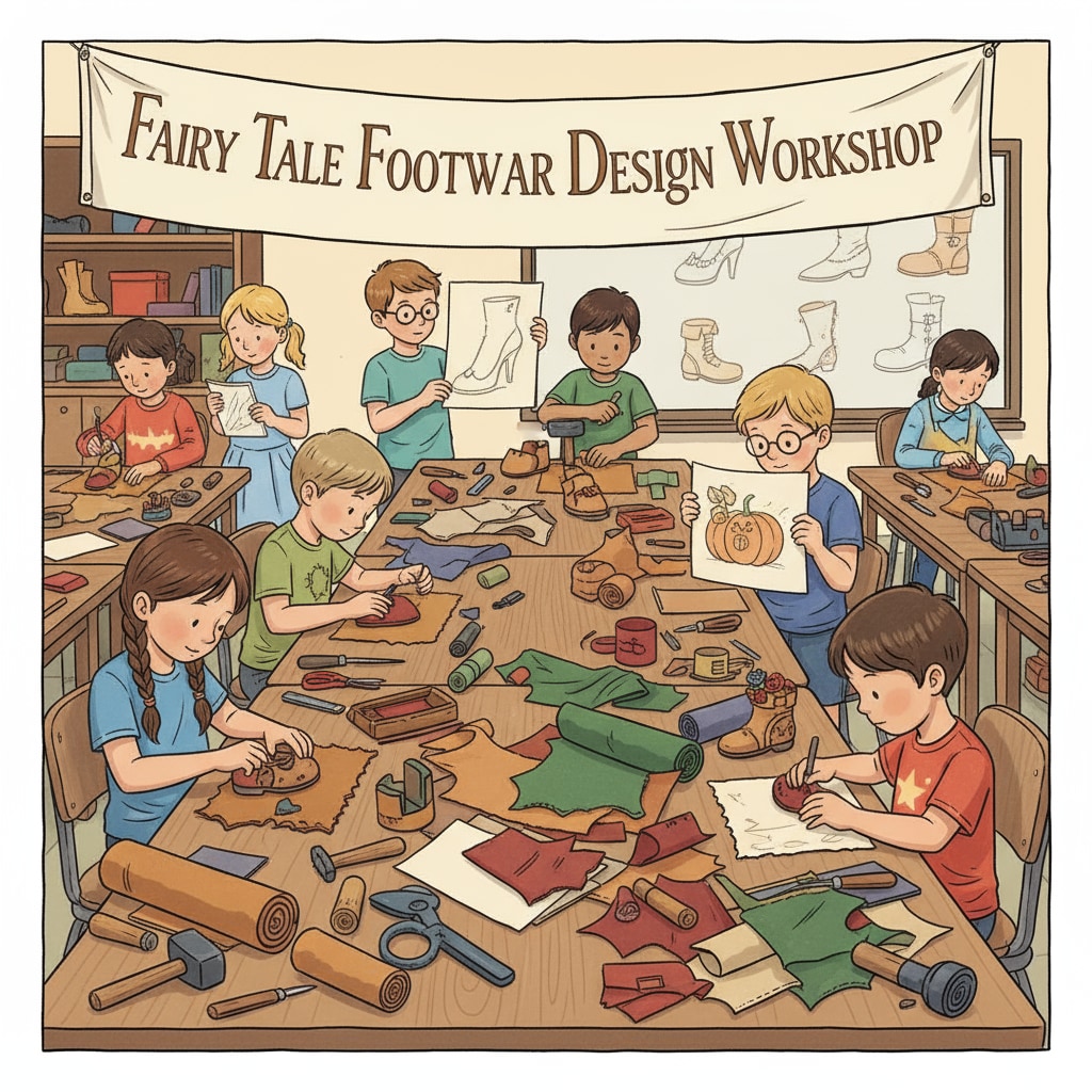 A classroom scene where children are busy working on leather shoe projects. There are various leather tools and materials on the tables, and the children are focused on creating their shoe designs inspired by fairy tales. Children creating leather shoes inspired by fairy tales