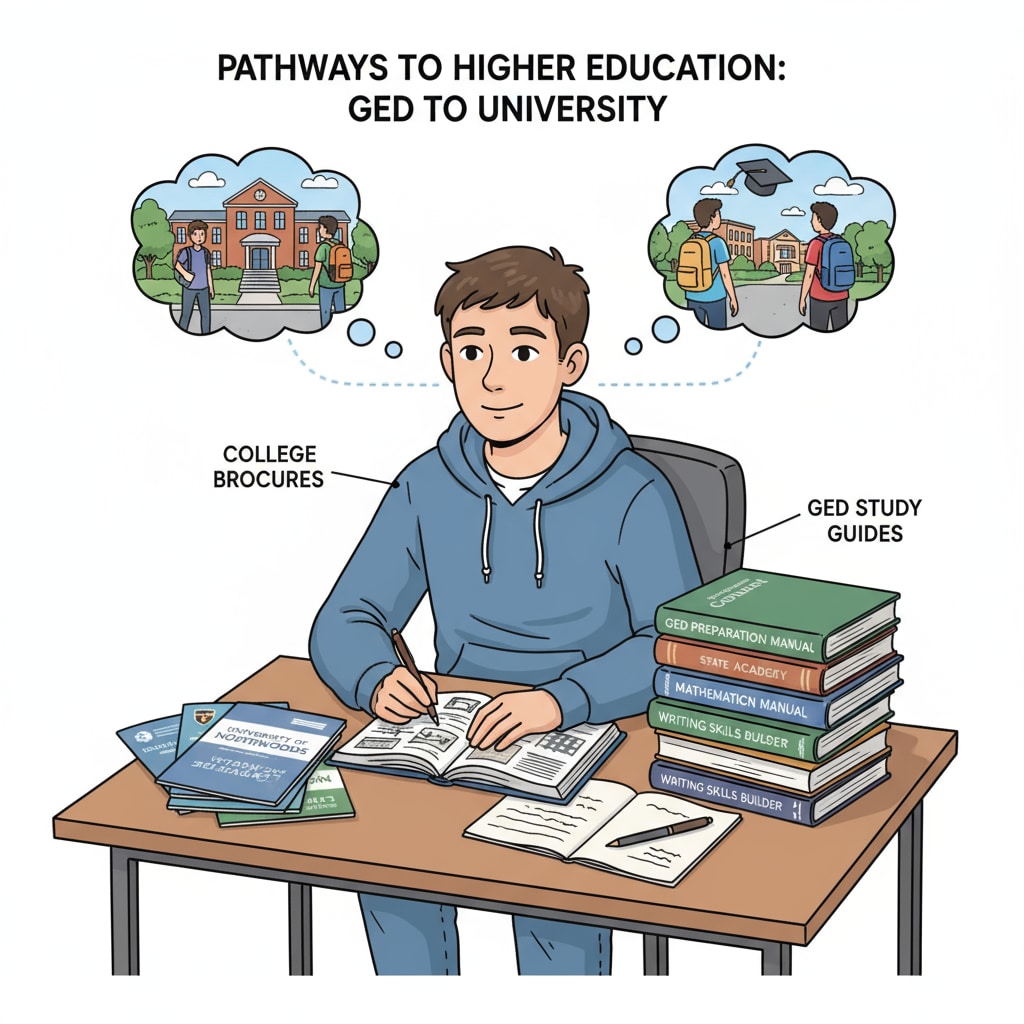 A student is sitting at a desk, looking at college brochures with GED study guides placed beside. The scene depicts the student's aspiration to enter a four-year college with a GED. A GED holder exploring options for four-year college entry