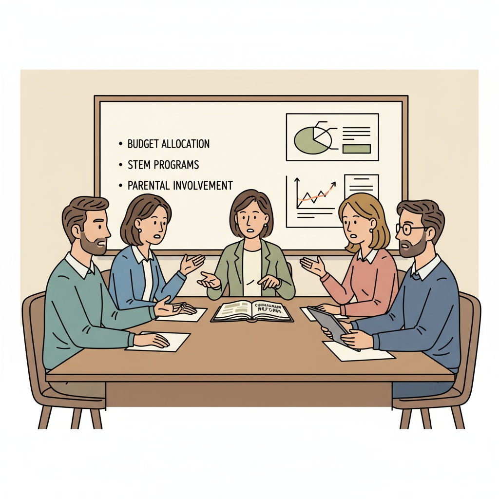 A group of parents engaged in a serious discussion about education matters during a school meeting. Parents discussing American public education, parent complaints, teacher dilemmas, and curriculum disputes at a school meeting