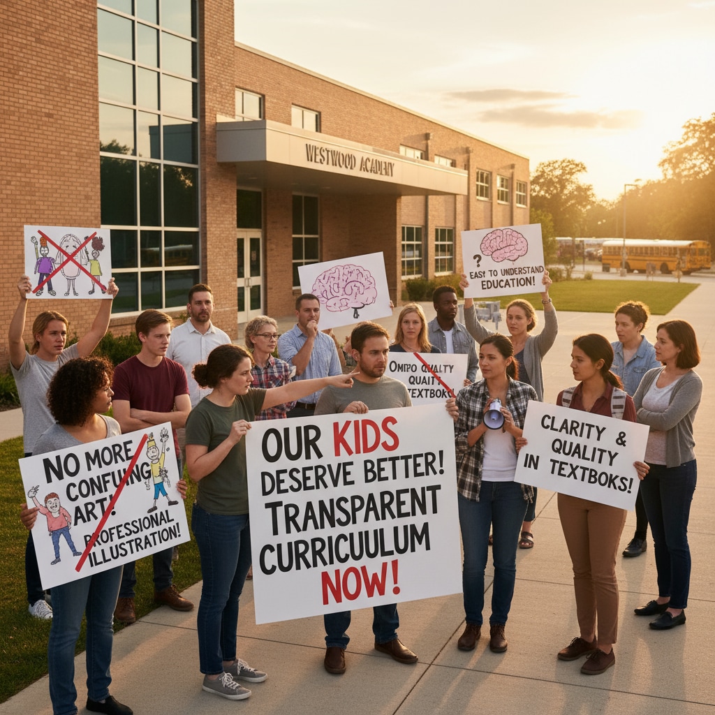 A group of parents holding signs and protesting outside a school building regarding curriculum issues. Parents protesting outside a school due to American public education, parent complaints, teacher dilemmas, and curriculum disputes