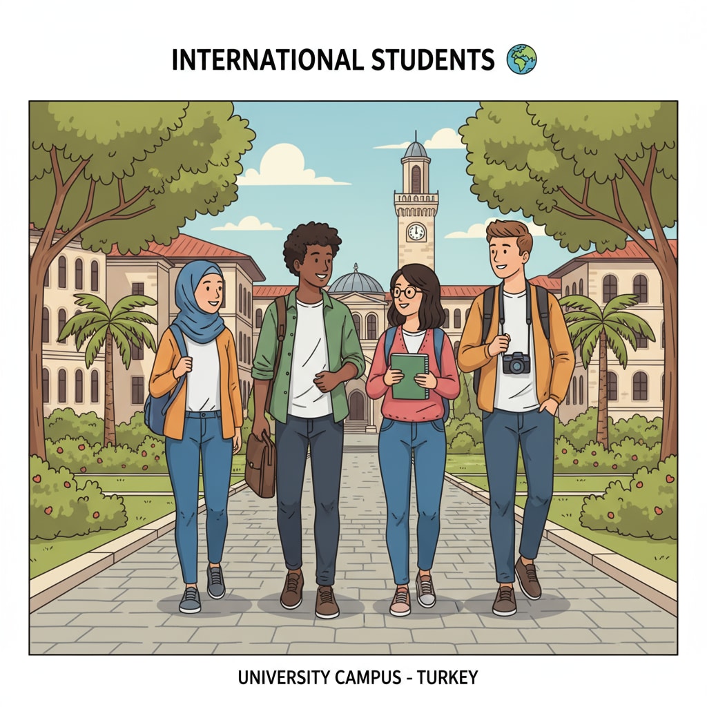 A group of international students walking on a university campus in Turkey, showing the diverse student body enjoying the campus environment. International students on a Turkish university campus related to Turkish study abroad, English-taught programs, and international student applications