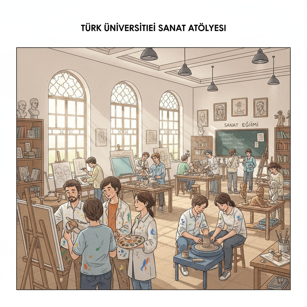 Students working on art projects in a studio at a Turkish university, highlighting the practical aspect of art education in Turkish institutions. Students in a Turkish university art studio relevant to Turkish study, English-taught art programs, and international student applications