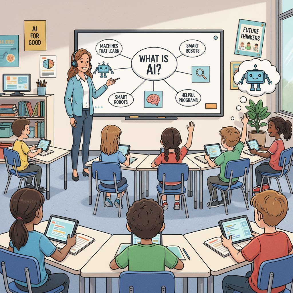 Students in a K12 classroom are engaged in learning about AI concepts, with the teacher explaining basic ideas on the board. K12 students learning AI concepts related to AI courses, prompt writing, and educational development