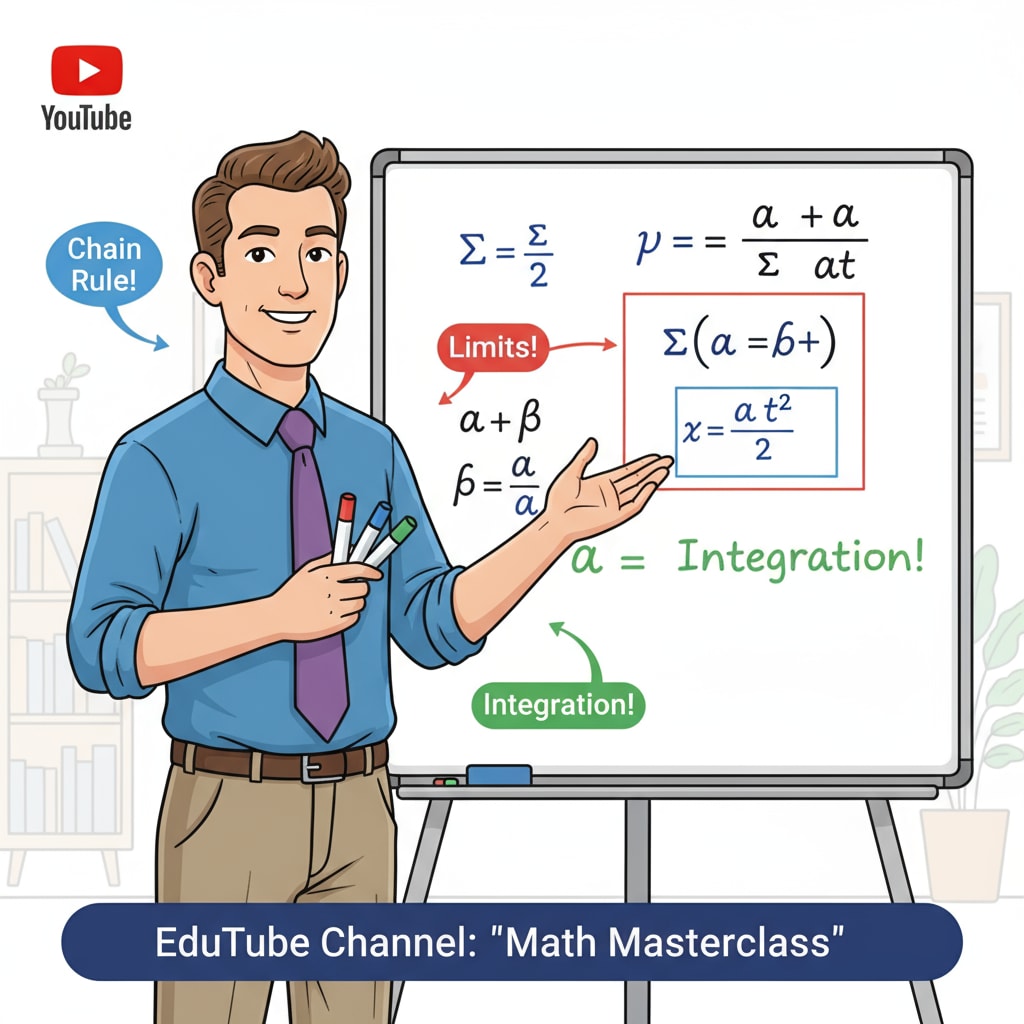 A YouTube math teacher is standing in front of a whiteboard, using colorful markers to explain a difficult math problem. A YouTube teacher providing math teaching as part of online education resources
