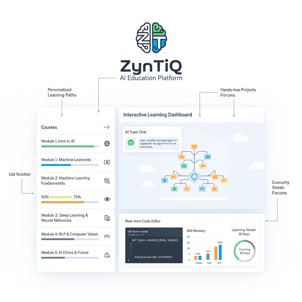 The logo and interface of ZynTiQ, highlighting its features as an AI education platform. ZynTiQ AI education platform logo and interface