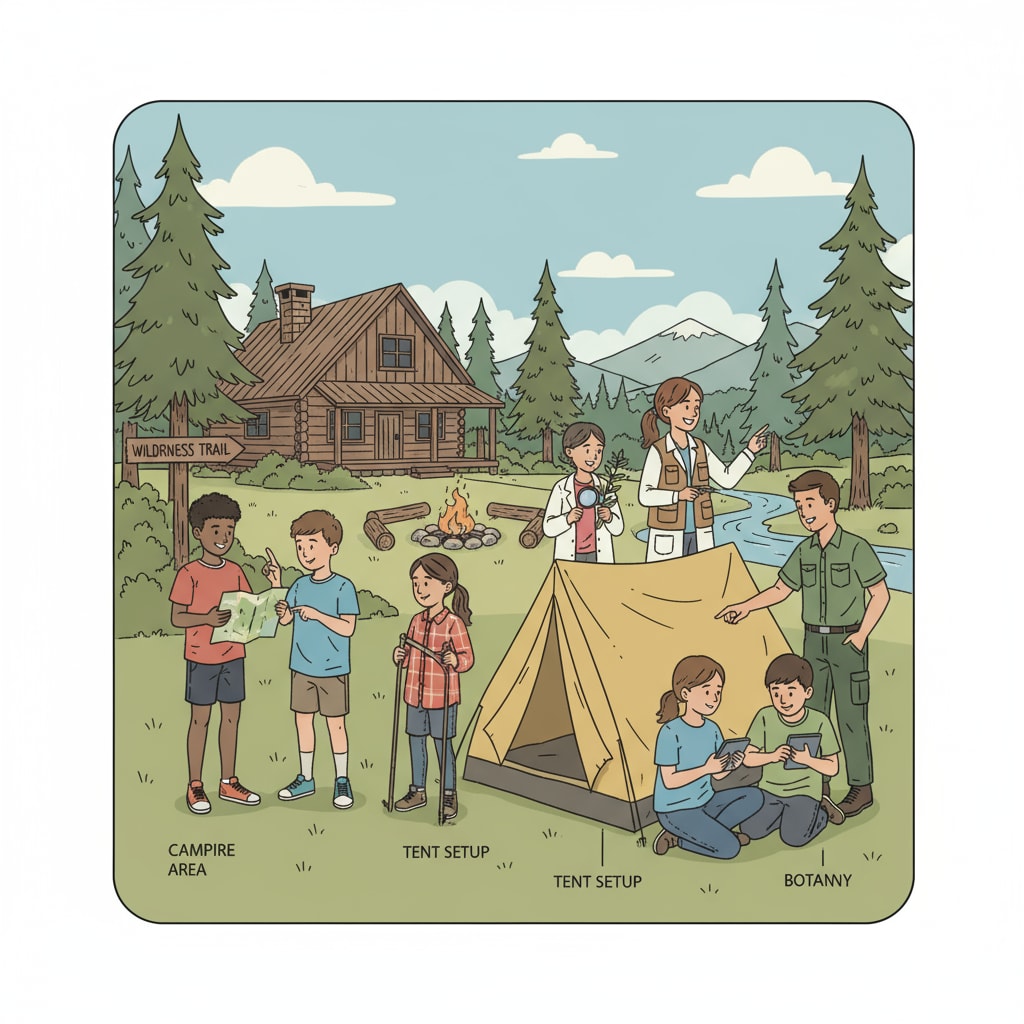 A group of students participating in outdoor activities at a camp, which is a common scene in outdoor education. Students engaged in outdoor education activities at a camp, related to school contracts and camp controversies.