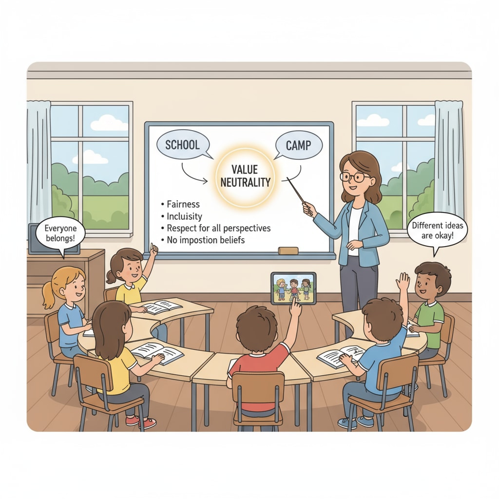 A classroom discussion about the importance of value neutrality in education, highlighting the key aspect in school-camp collaborations. Classroom discussion on value neutrality in education, relevant to school contracts, outdoor education, and camp controversies.