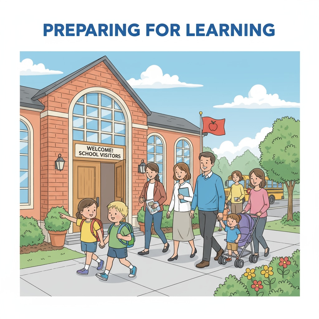 A group of parents and children are approaching the entrance of a public school building, indicating the start of a school visit. Parents and children starting a school visit at a public school for educational choice purposes