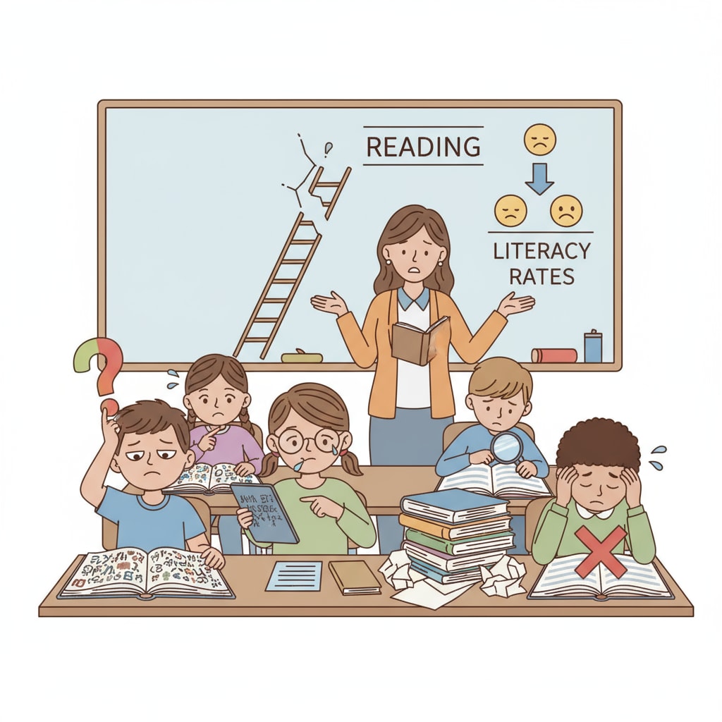 A classroom scene where students are struggling with reading materials, highlighting the issue of declining literacy among students. A classroom scene related to literacy, democracy, reading, and writing showing students' reading difficulties.