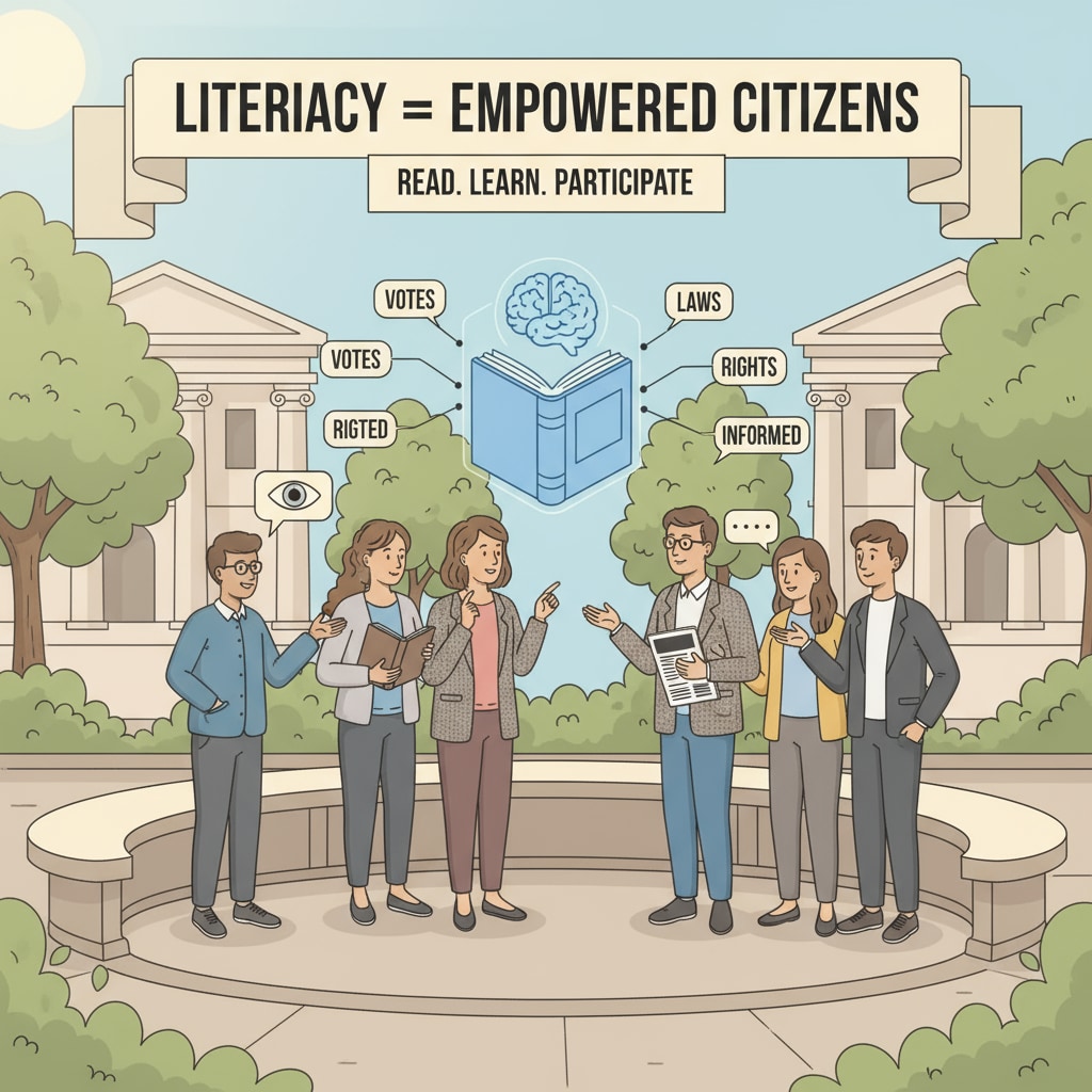 A group of people discussing political issues in a public space, demonstrating the importance of literacy for civic engagement in a democratic society. A public discussion scene related to literacy, democracy, reading, and writing emphasizing civic engagement.