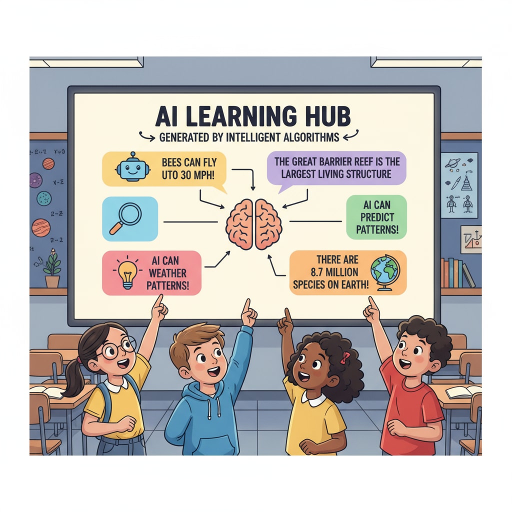 An illustration depicts students with excited expressions as they learn from educational facts generated by AI. The students are gathered around a screen showing various interesting facts. Students learning from AI-generated educational facts in K12 education