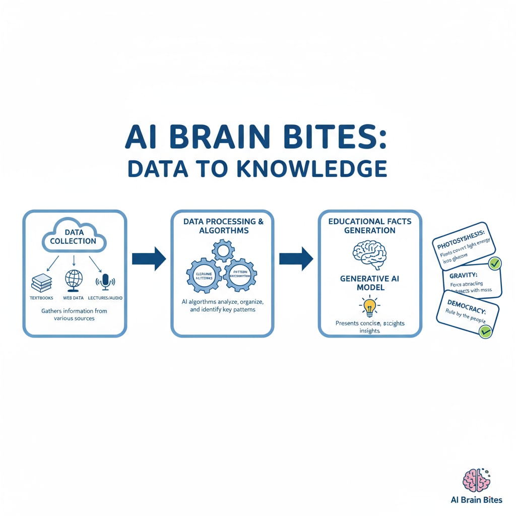 A diagram shows the step-by-step process of how AI Brain Bites collects data, processes it through algorithms, and generates educational facts. The process of AI Brain Bites generating educational knowledge points for K12 learning