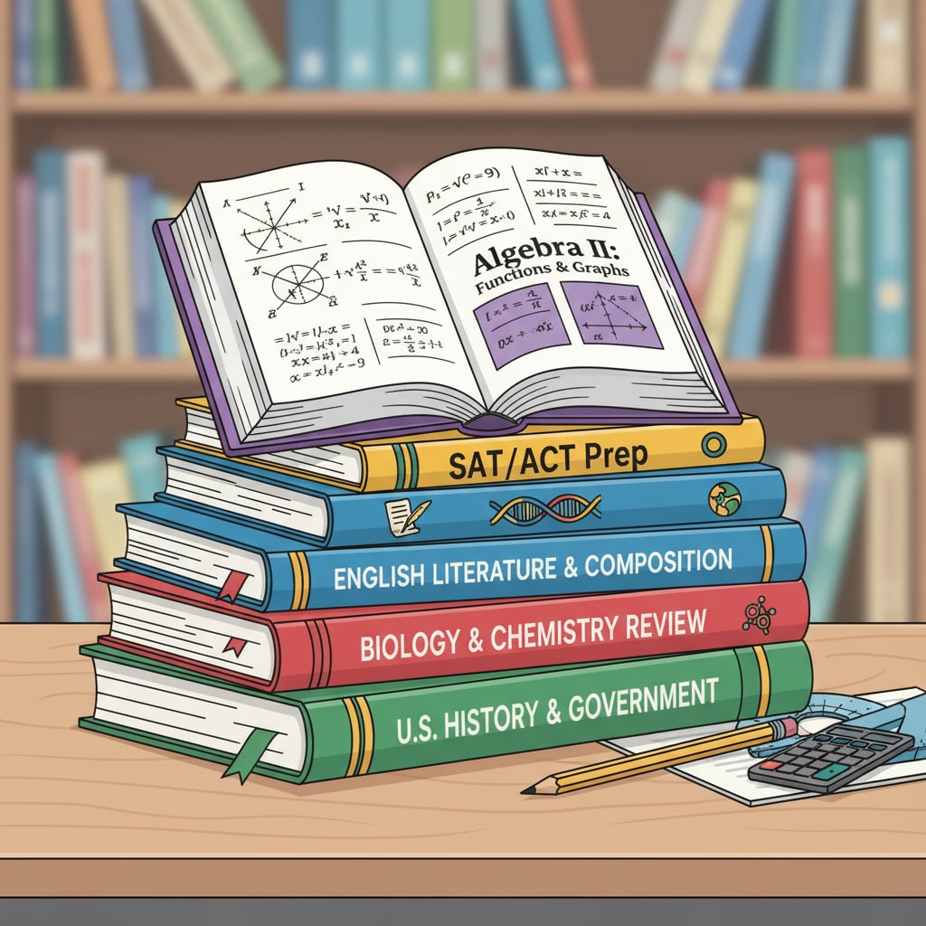 A stack of high school review workbooks with an algebra book on top, showing the variety of study materials available for students. High school review workbooks with an algebra focus