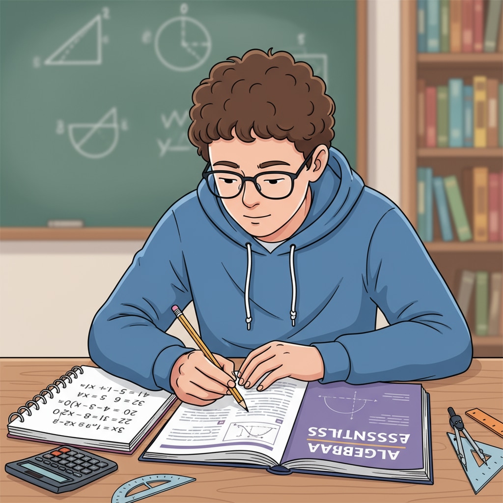 A student studying an algebra workbook with equations written on a notebook, depicting the process of learning algebra with the help of a workbook. Student studying an algebra workbook for high school basic knowledge review