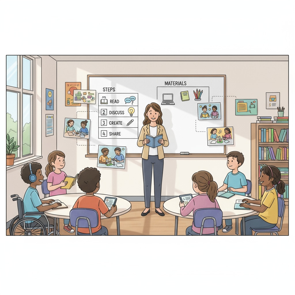 A teacher using a whiteboard with pictures and simple steps to give instructions in a seventh - grade inclusive classroom Teacher using visual aids to give instructions in seventh - grade inclusive classroom, relevant to student instruction compliance, special education needs, and teaching strategies