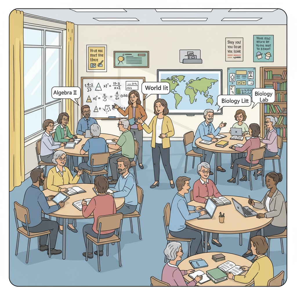 A classroom filled with adult students, actively participating in discussions and learning activities related to high school diploma courses. Adult students in a classroom for high school diploma programs within adult education.