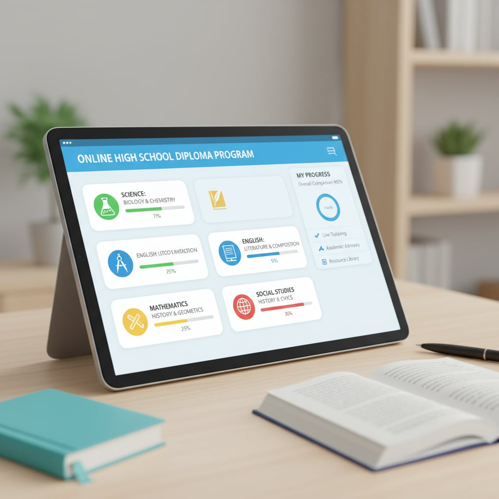A modern online learning interface with various courses related to high school diploma completion displayed. Online platform for adult education offering high school diploma programs for free.