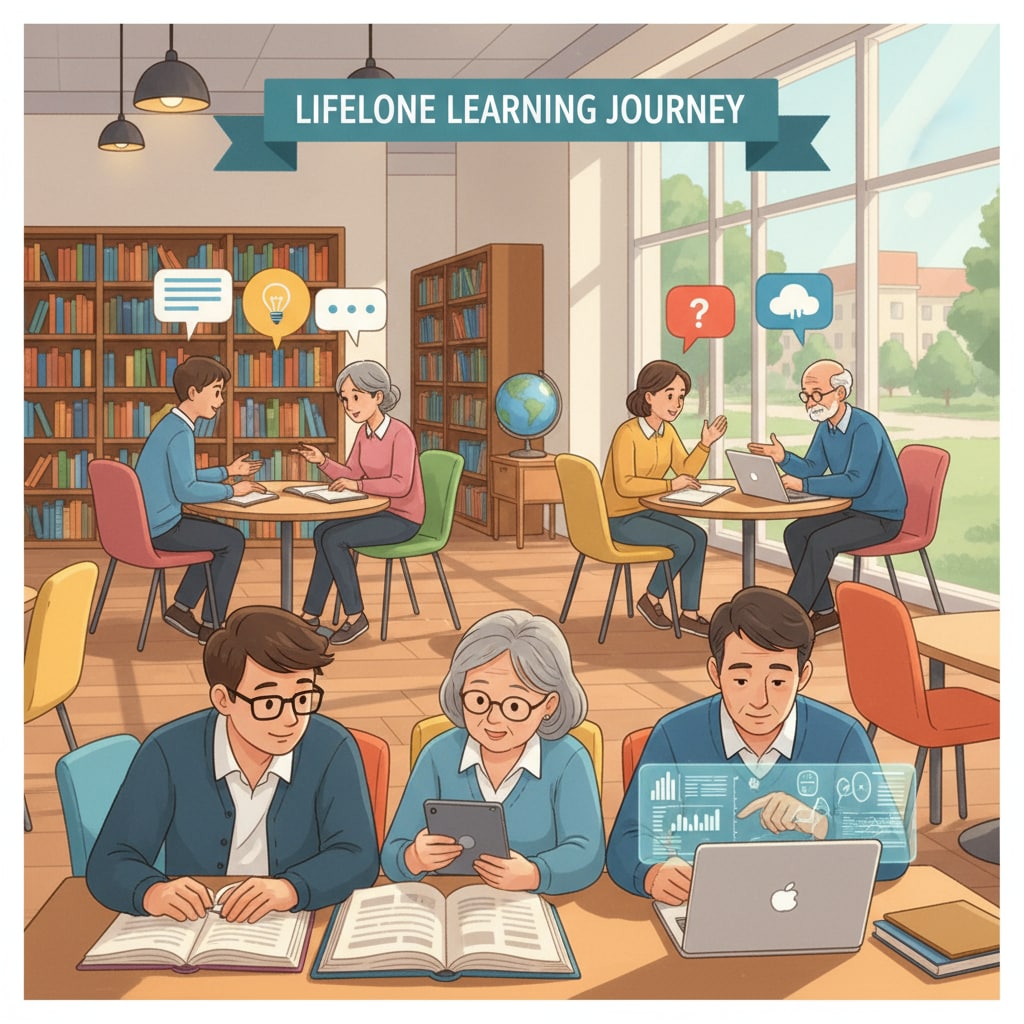 A group of students of different ages engaged in various learning activities, such as reading books, using laptops, and discussing in groups, symbolizing lifelong learning A diverse group of learners engaged in activities related to education, lifelong learning, and success