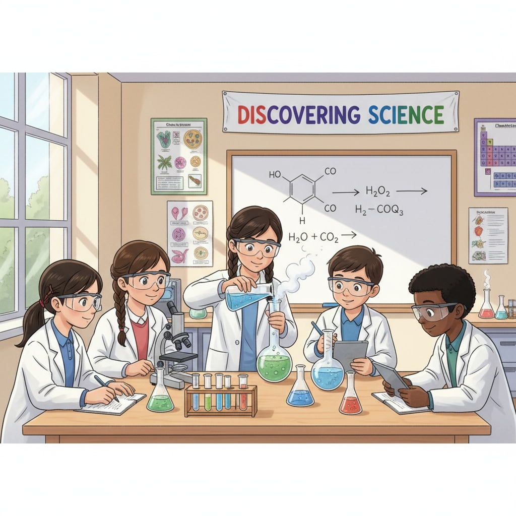 A classroom scene with students actively participating in a science experiment, representing the learning process in K12 education Students in a K12 classroom conducting a science experiment, showing the importance of education for lifelong learning and success
