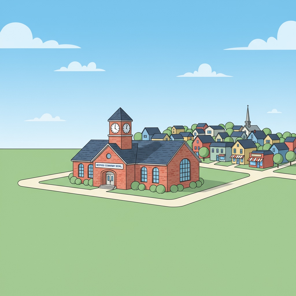 A small town school building stands alone, with a visible gap between it and the surrounding community area, symbolizing the separation. A small town school isolated from the community, related to school independence, community separation, and youth programs