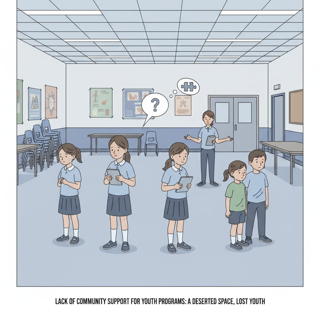 A group of students looking a bit lost in an empty after-school program room, showing the lack of community support for youth programs. Students in an empty after-school program room due to community separation, related to school independence, community separation, and youth programs