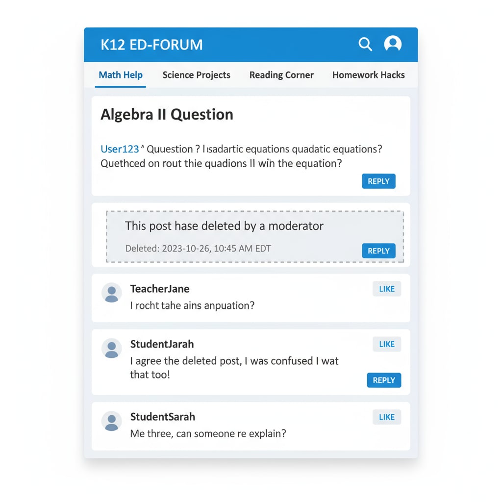 A screenshot of a K12 education forum with a missing post, indicating that it has been deleted. This shows the visible evidence of post deletion that users often encounter. Screenshot of post deletion in K12 education forum without explanation