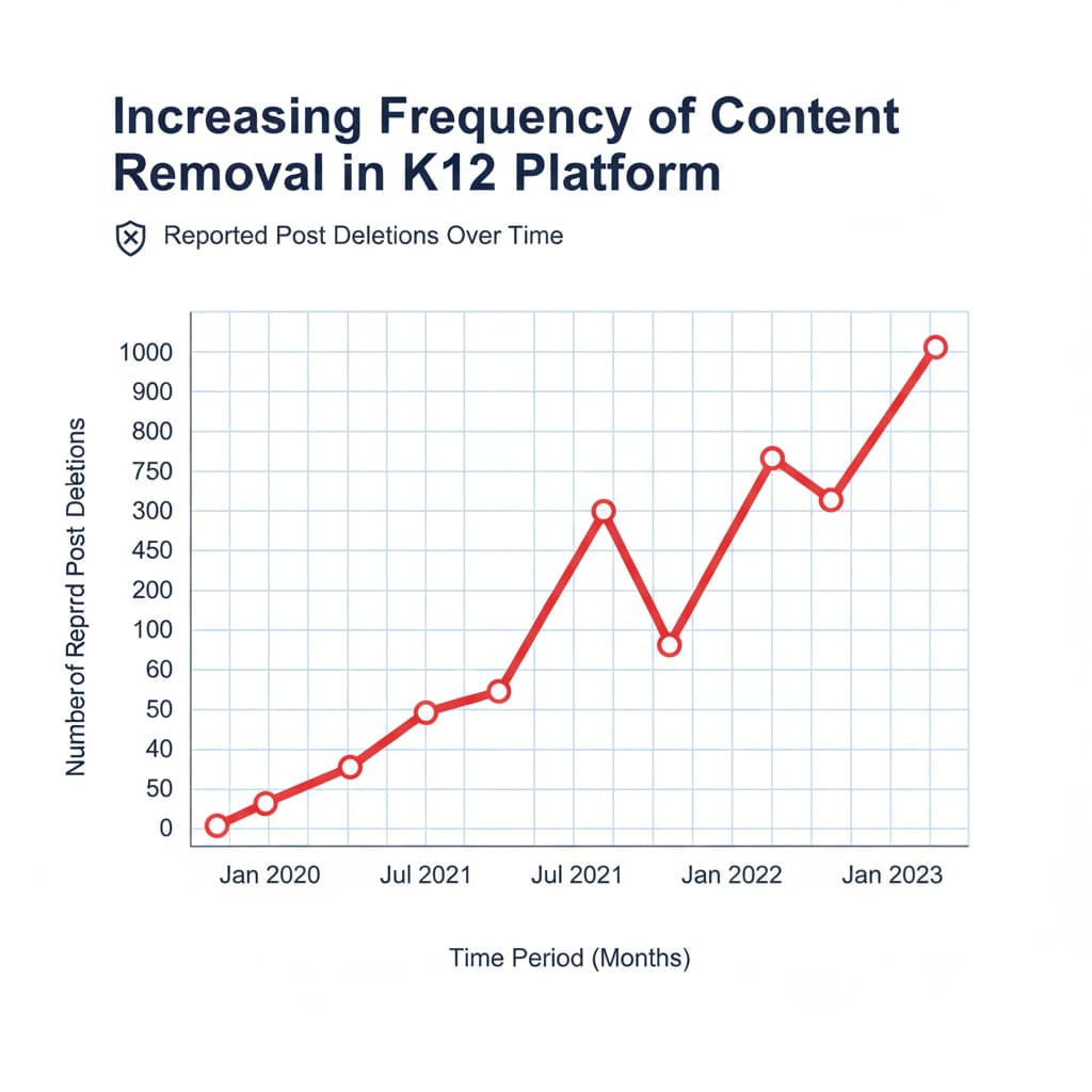 A graph presenting the rising number of reported post deletions in a K12 education platform over a certain period. It visually depicts the increasing frequency of this concerning issue. Graph showing increasing post deletions in K12 education platform