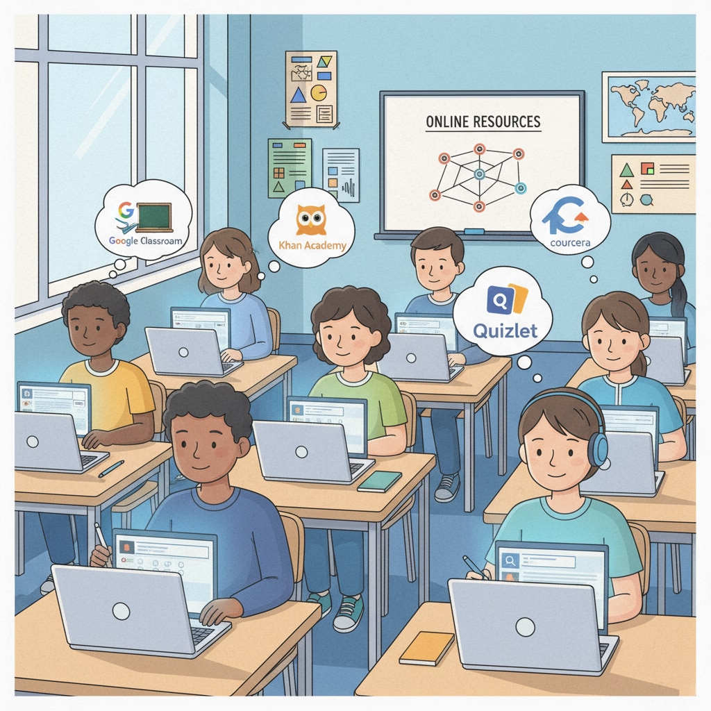 Students are sitting at desks, looking at their laptops, engaged in using various online learning platforms to get help with their schoolwork. Students using online learning platforms for academic help and assignment completion