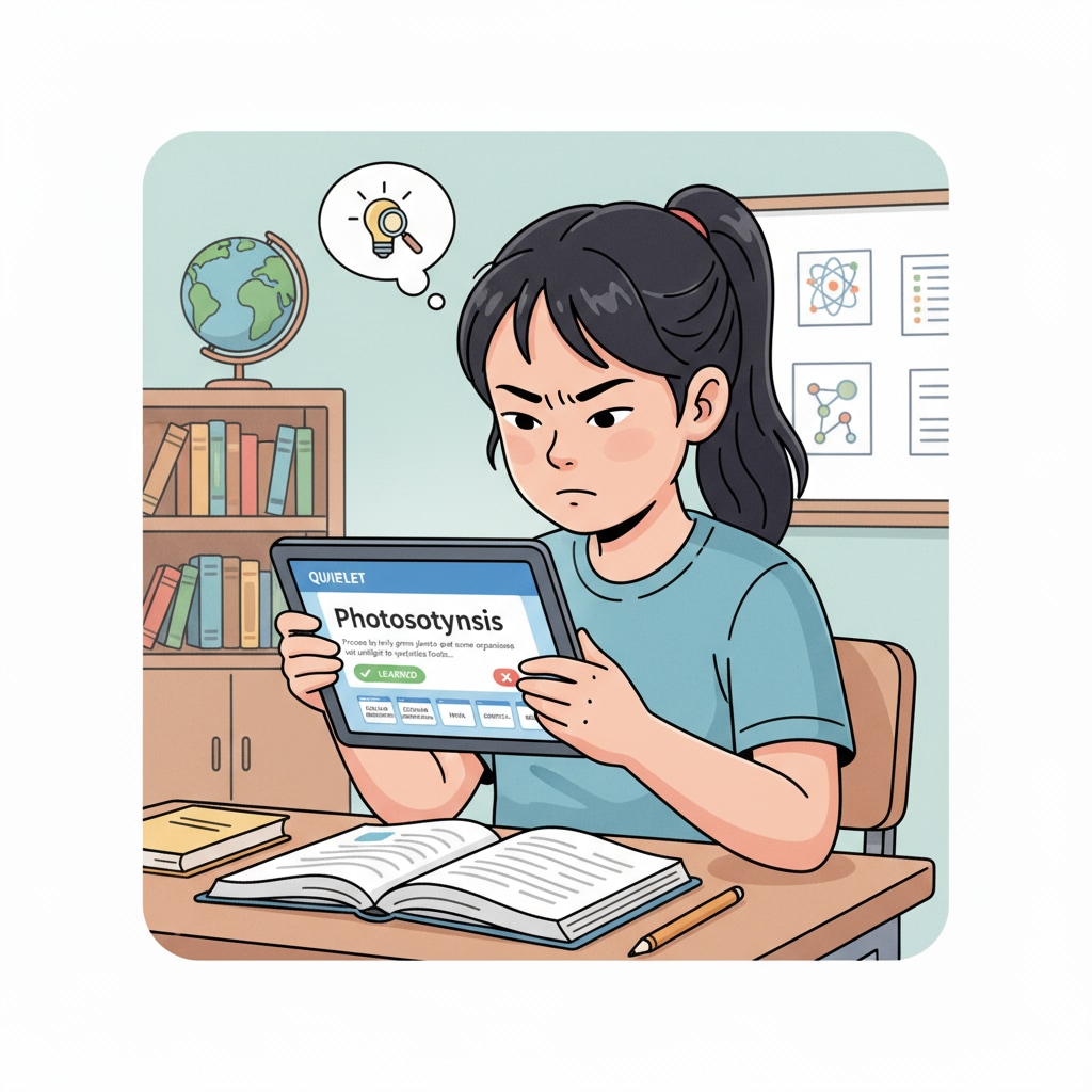 A student is holding a tablet with Quizlet flashcards displayed, studying intently. Student using Quizlet for academic help and assignment completion