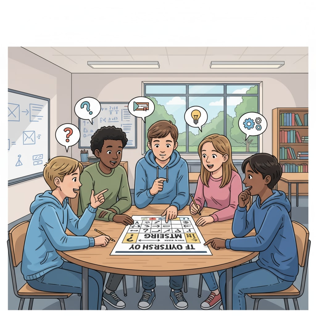A group of high school students are gathered around a table, engaged in a lively discussion about a logical problem presented on a piece of paper. High school students discussing logical fallacies to develop critical thinking