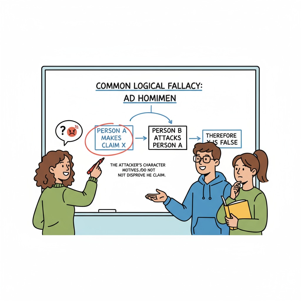 Students are using diagrams and markers on a whiteboard to analyze a common logical fallacy. They are pointing at different parts of the diagram and explaining their understanding. Students enhancing media literacy by analyzing logical fallacies
