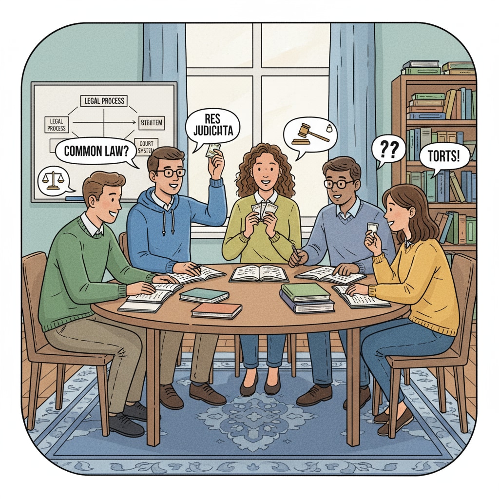 A group of students are sitting around a table, actively discussing legal concepts. Some are holding flashcards, engaged in a lively exchange of ideas related to law school learning. Students practicing active recall and spaced repetition in law school learning