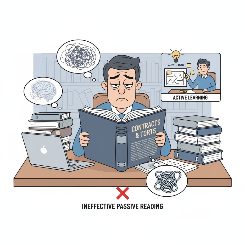 A single student is sitting at a desk, looking bored while reading a thick law textbook, representing the inefficiency of passive reading in law school. A student engaged in passive reading during law school learning