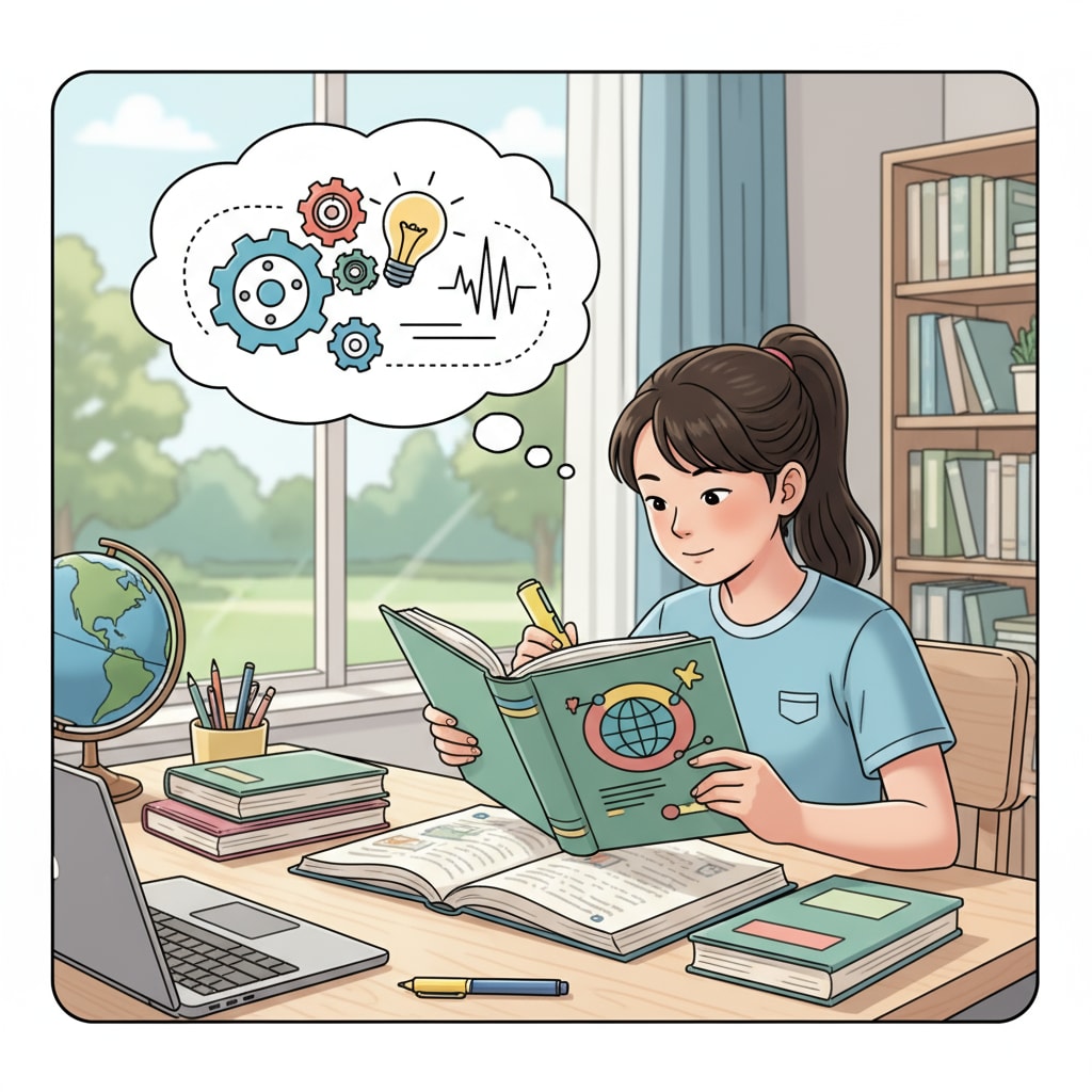 A student is sitting at a study desk, concentrating on reading a book, which represents the process of self-education. A student engaged in self-education after high school setbacks