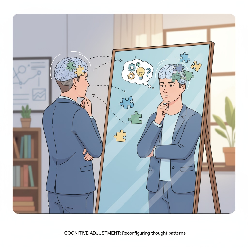 A person is standing in front of a mirror, deep in thought, symbolizing the process of cognitive adjustment. A person reflecting on themselves for cognitive adjustment in the context of high school performance and life planning