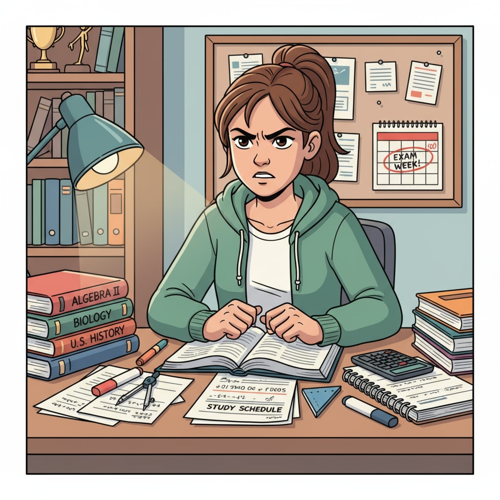 A student sitting at a desk, looking determined to improve high school grades. The student has books and papers laid out, showing the intention to study hard. A determined student aiming to improve high school grades to address educational gaps and acquire key skills.