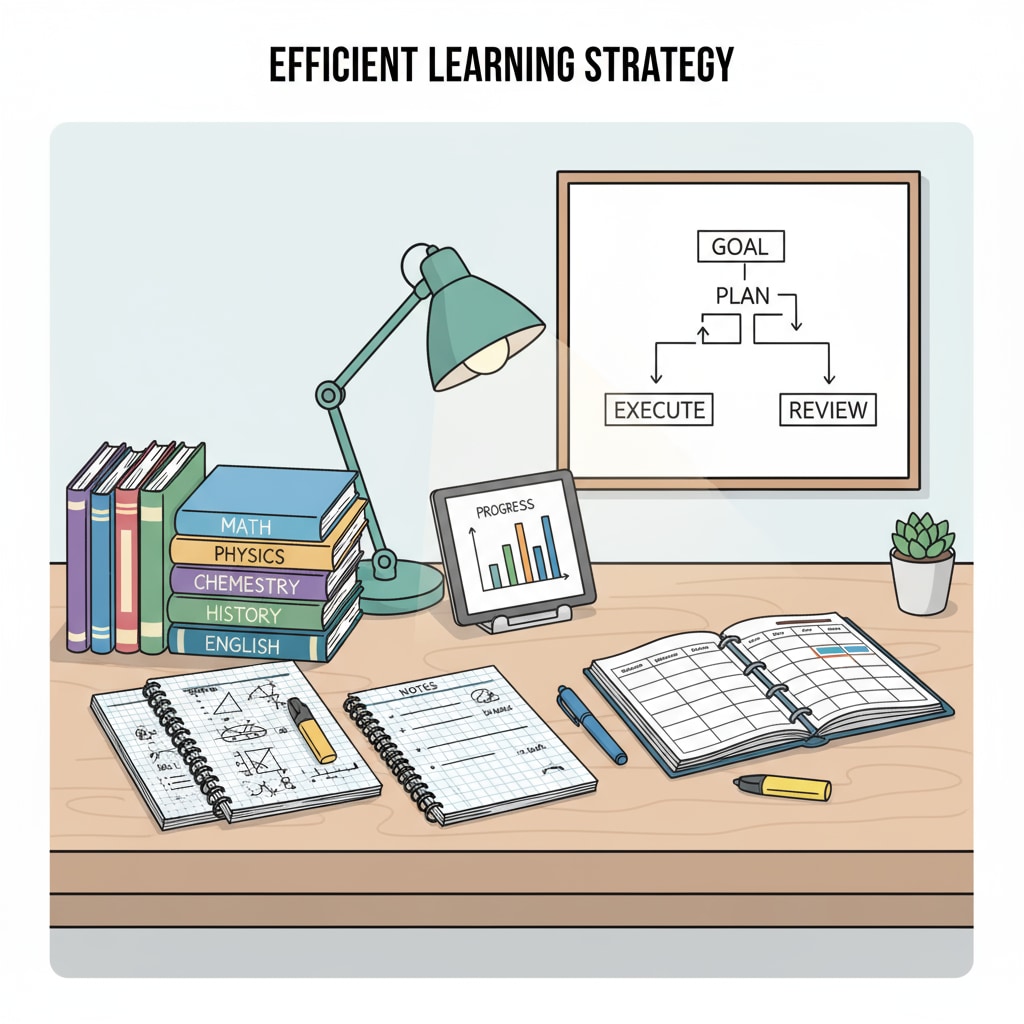 A student using different learning tools to improve study efficiency. There are textbooks, notebooks, and a planner on the table, indicating organized learning. A student using various tools to enhance study efficiency related to high school grades, filling educational gaps, and developing key skills.