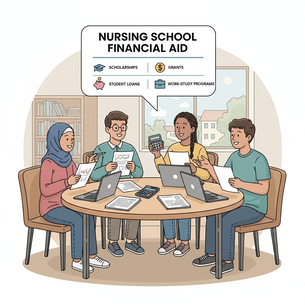 A group of students sitting around a table, discussing the financial aid options available for their nursing courses, with papers and calculators in front of them. Students discussing FAFSA and other financial aid options for nursing courses