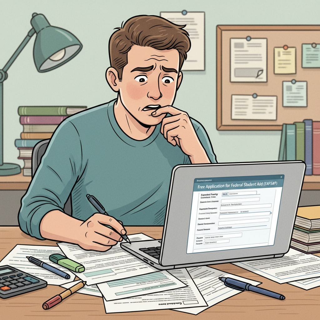 A close-up of a student with a worried expression, filling out a FAFSA form on a laptop, with papers and pens scattered around. Student filling out FAFSA form for nursing prerequisite courses