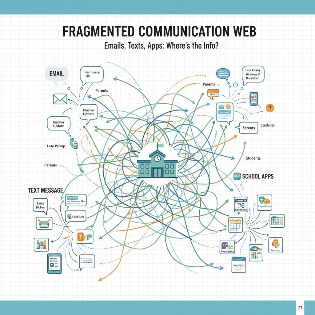 This image shows a complex web of different communication channels such as emails, text messages, and school apps, indicating the fragmented nature of the current school-parent communication. Fragmented school-parent communication channels