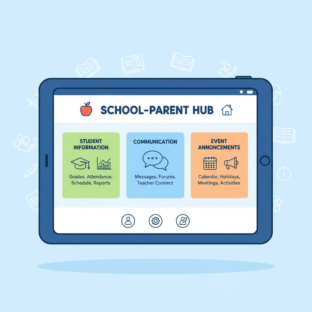 This illustration depicts an integrated platform with various sections for student information, communication, and event announcements, representing an ideal school-parent information platform. Integrated school-parent information platform